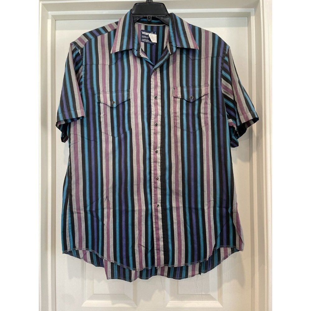 VTG 90’s Wrangler Mens 17 Black Snap Cowboy Cut X-long Tails Stripe USA